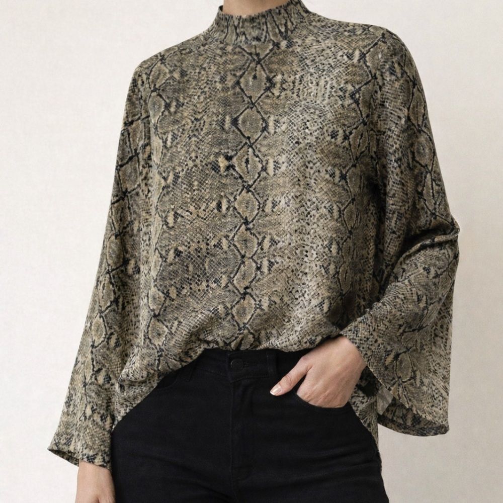 Karlie | Snake Print Smock Neck Dress Size Flared Sleeves Size Small Tan & Black